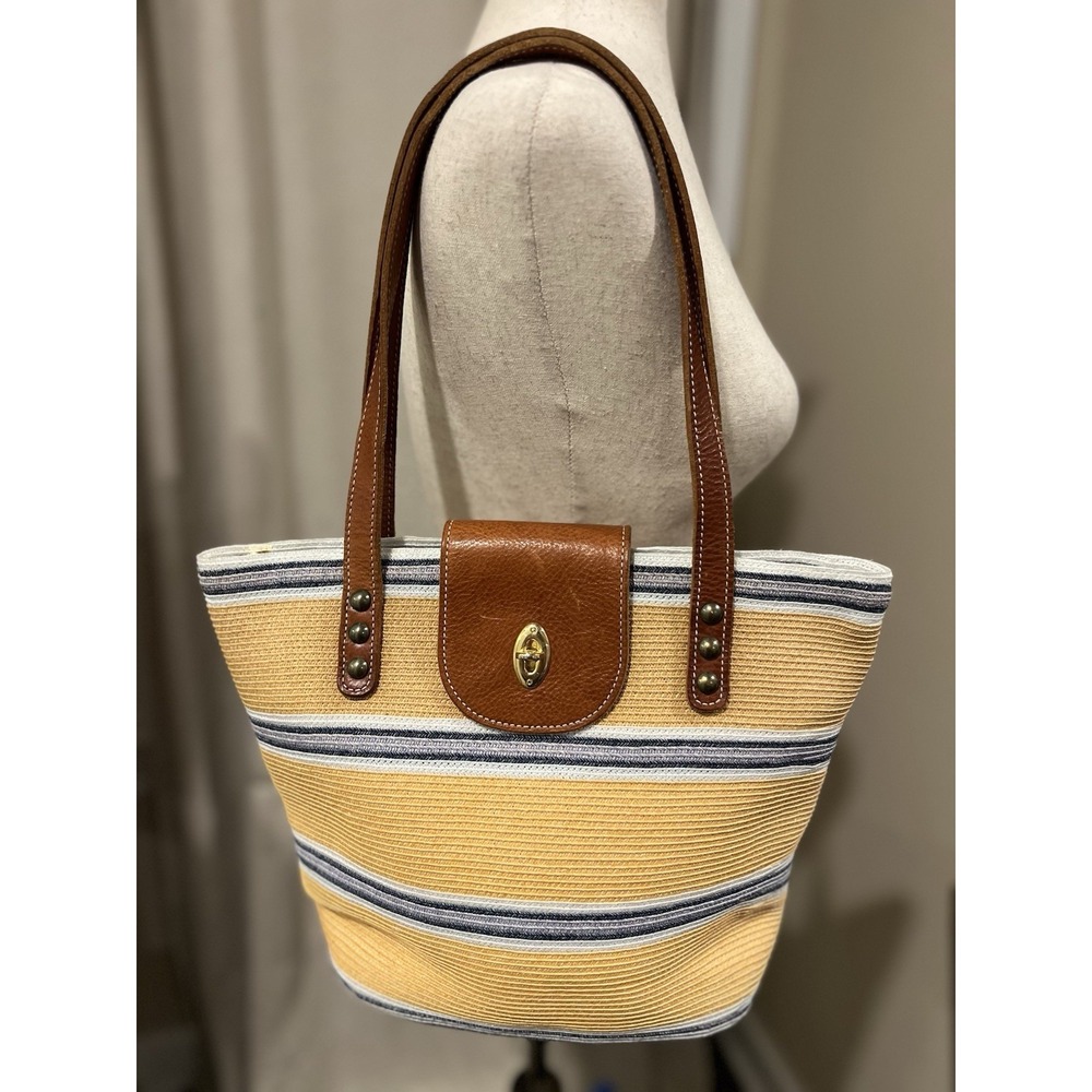 Eric Javitz Hand Bag‎ Woven Canvass With Leather Brass Hardware